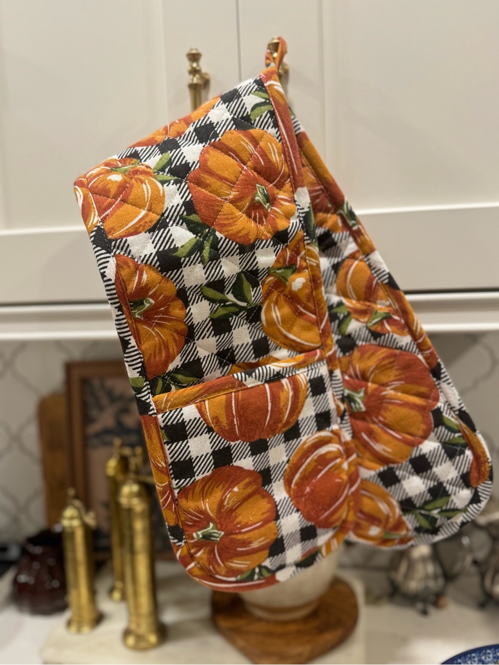 Fall Pumpkin Double Oven Mitt - Orange Plaid 34” xx7”